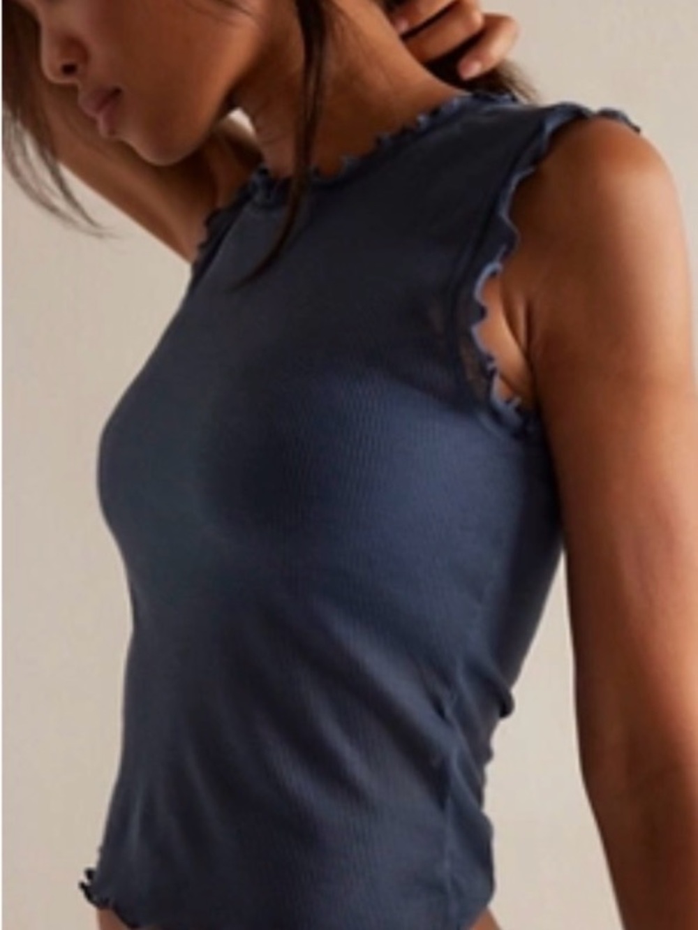 Free People Ribbed Lettuce-Edge Tank Top - Dusty Blue